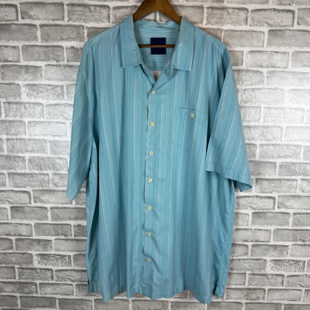Tommy Bahama Mens 3XLT Tall Light Blue 100% Silk Striped Short Sleeve Camp Shirt